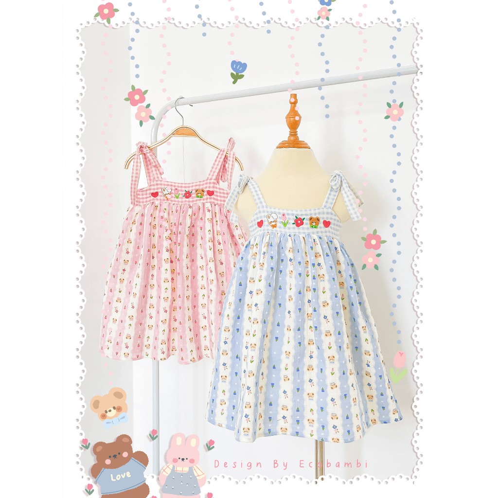 Đầm thêu hoa dáng xoè 2 dây dễ thương, chất xô Muslin phối caro cho bé gái ECOBAMBI - BB-23DAMBG058