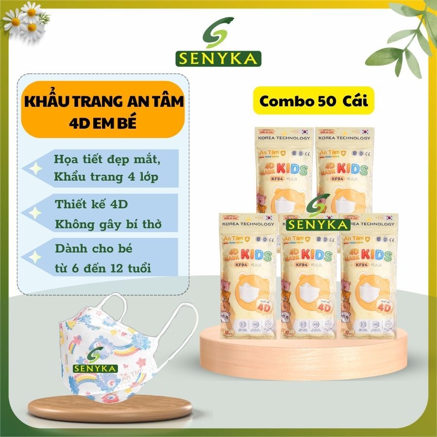 Set 50 cái khẩu trang 4d kf94 khẩu trang cho bé  4-10 tuổi 4 lớp kháng khuẩn ngăn bụi thoáng khí chính hãng An Tâm_AT4DC