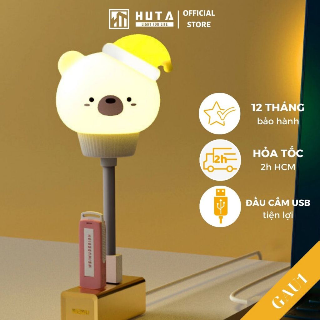 Đèn Ngủ Mini Cho Bé Huta Light For Life Hình Thú GAU01 Chú Gấu Cute, Đầu Cắm USB, Uốn Dẻo Tiện Lợi, Decor Phòng Ngủ