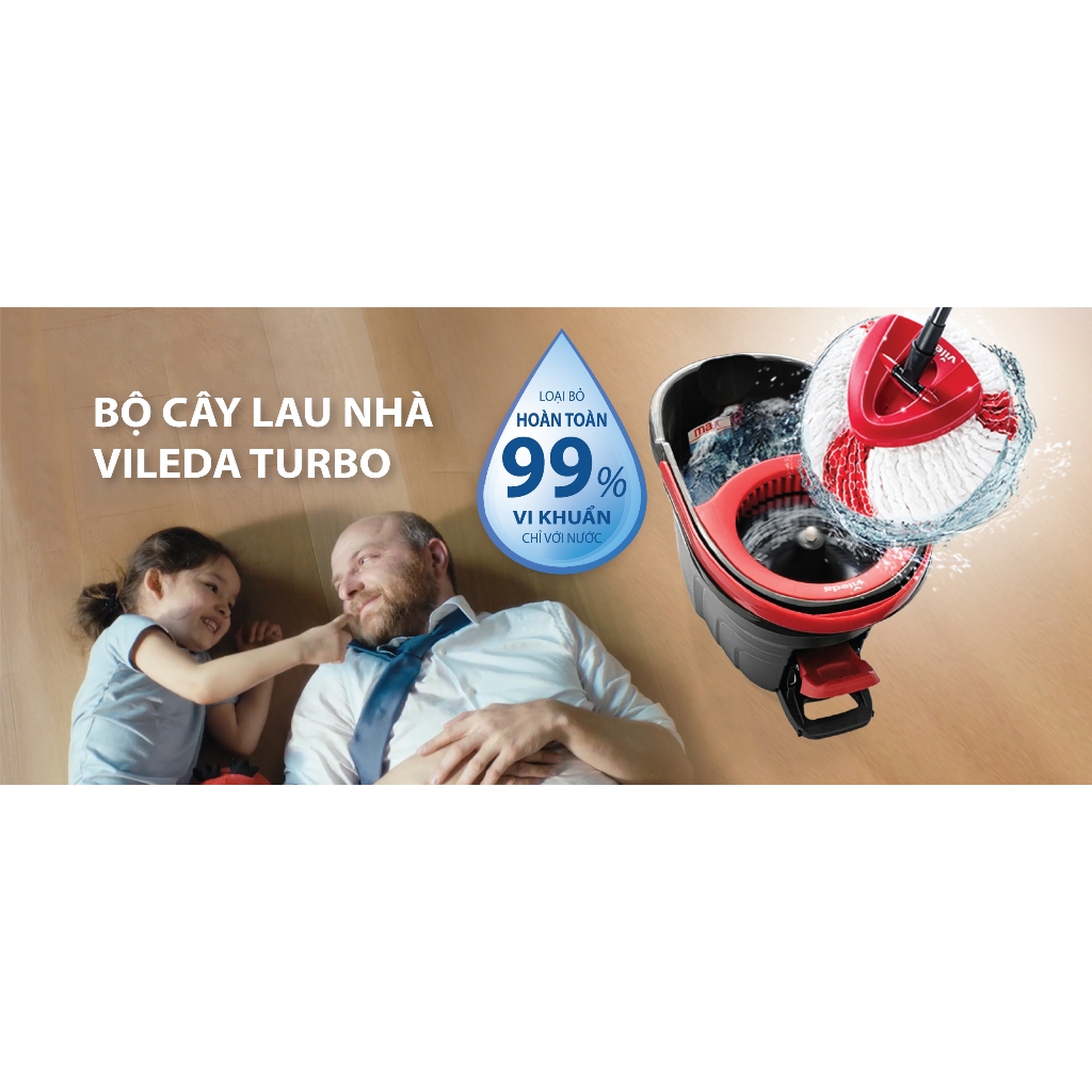 Cây lau nhà VILEDA Turbo Easy Wring&Clean kèm khăn lau bếp đa năng gói 4 chiếc - 162214 + 156146