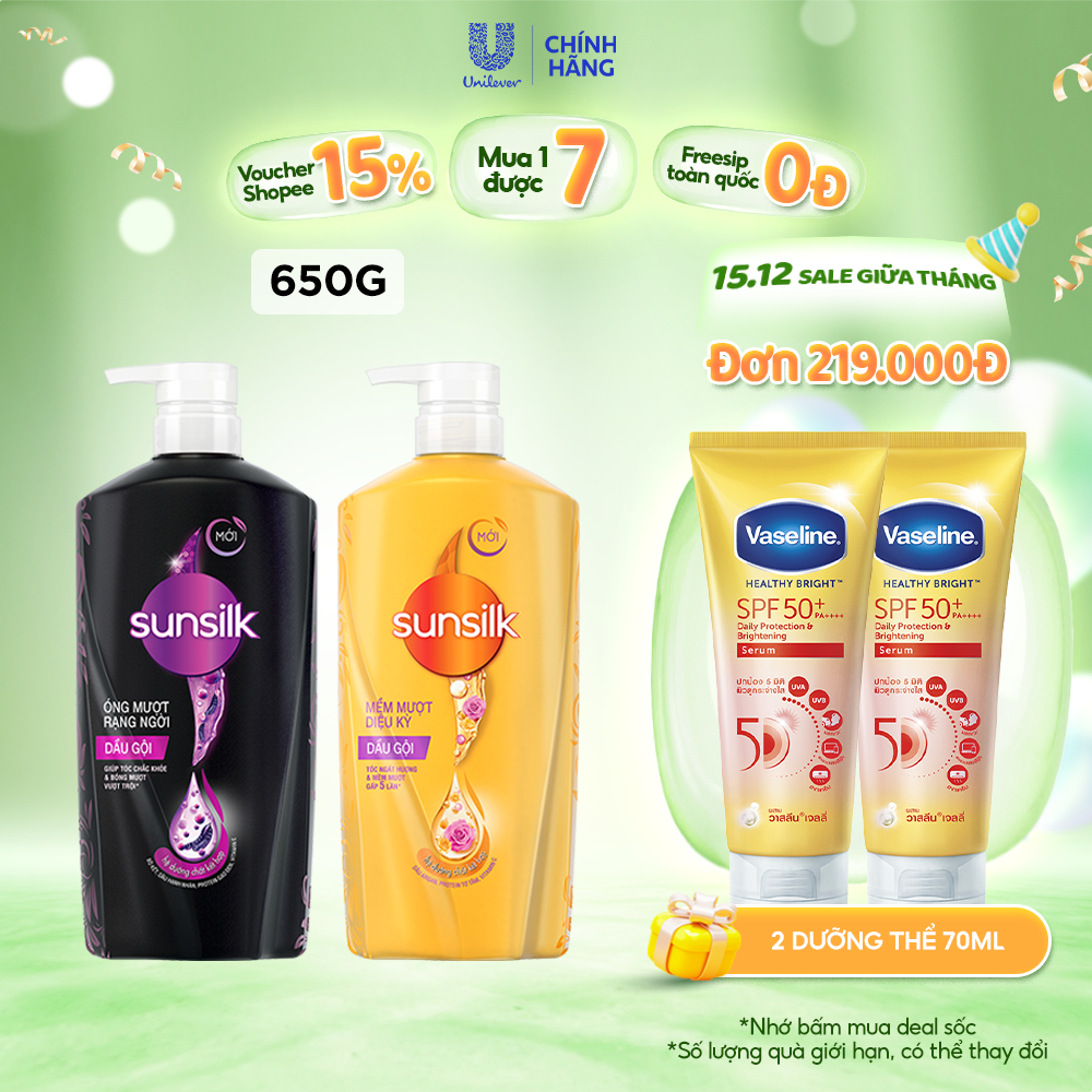 Dầu gội Sunsilk 650g làm sạch và mềm mượt tóc gấp 5 lần, cho mái tóc ngát hương suốt 48h