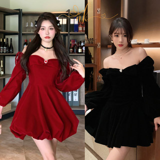 Váy đỏ - Đầm nhung đỏ trễ vai đính nơ chất nhung loại 1 xinh xắn, tôn dáng cho mùa giáng sinh nika62_shop