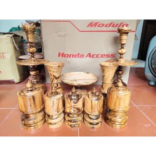 Bộ đài nến gỗ gụ ta 10 món trang trí ban thờ