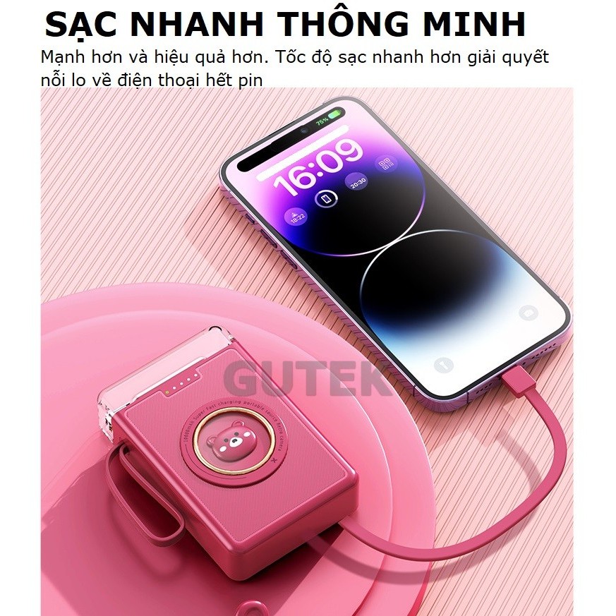 Sạc dự phòng 20000mah 10000mah sạc nhanh mini pin dung lượng lớn có sẵn dây sạc cho nhiều điện thoại - Gutek YM833