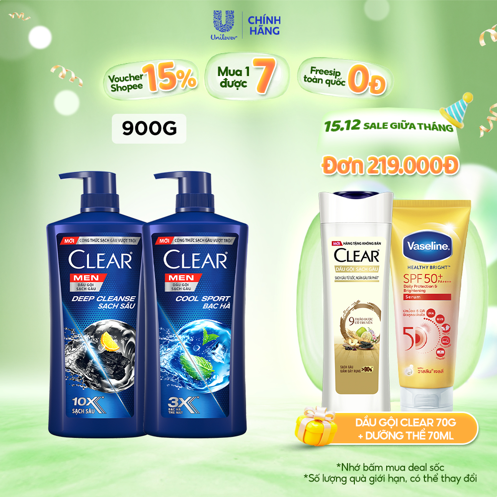 Dầu Gội Đầu Clear Men Deep Cleanse Than Hoạt Tính Đánh Bay Gàu, Ngứa Và Dưỡng Tóc Khỏi Khói Bụi 900G