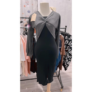 Set Ulzzang Đầm Body Dài Xẻ Tà Kèm Áo Khoác Croptop Xoắn Tay Dài