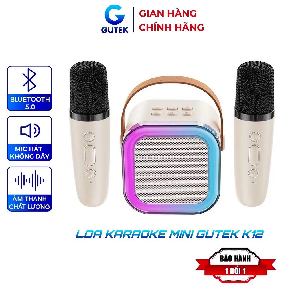 Loa bluetooth karaoke mini bass mạnh kèm 2 mic hát không dây nghe nhạc công suất lớn có đèn Led - Gutek K12