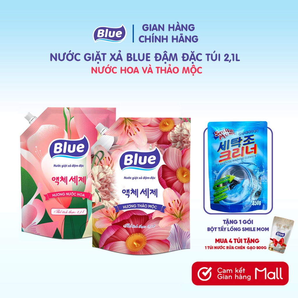 Nước Giặt Blue Đậm Đặc Hàn Quốc túi 2.1L và 3.6L - Công nghệ Giặt xả Blue 5in1 mới Hương Thảo Mộc và Hương Nước hoa