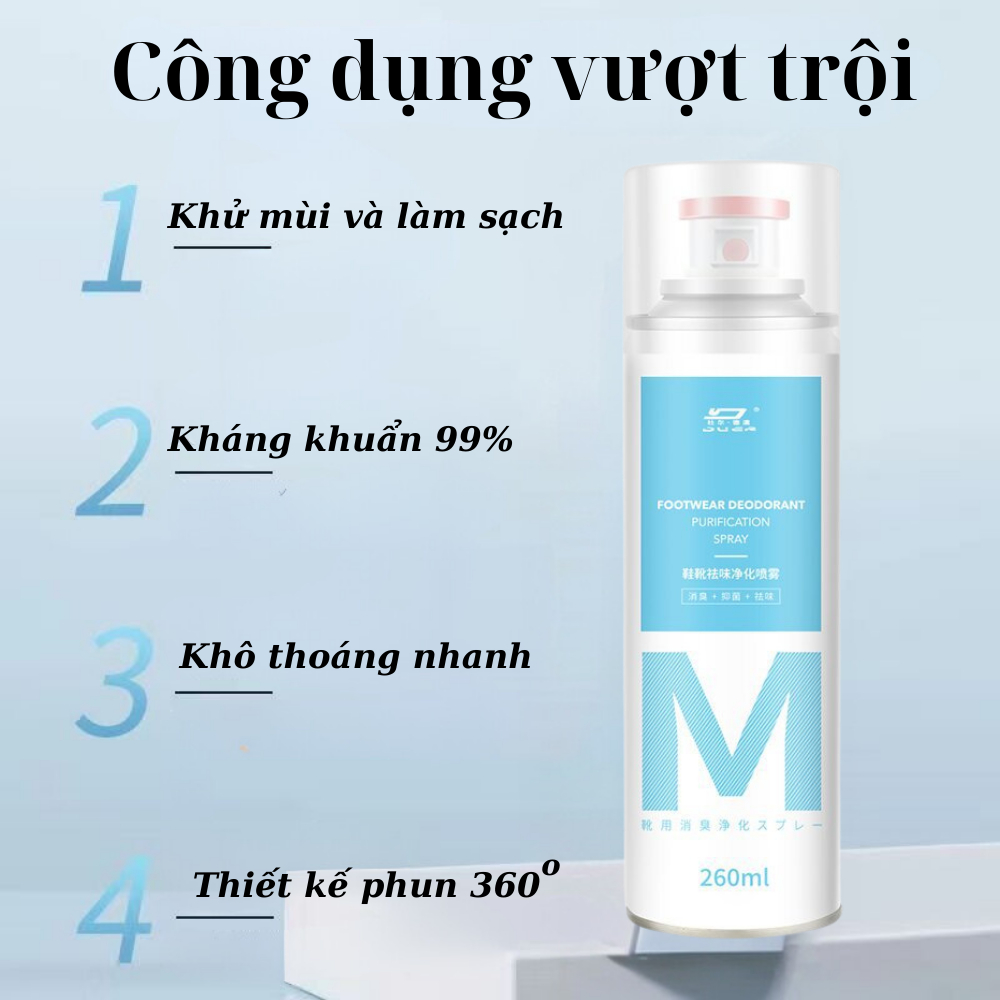 Bình Xịt Khử Mùi Giày, Dép, Túi Xách, Nón Bảo Hiểm Tấm Thị, Chai Xịt Khử Mùi Hôi Ngăn Ngừa Hôi Chân Hiệu Quả 260ml