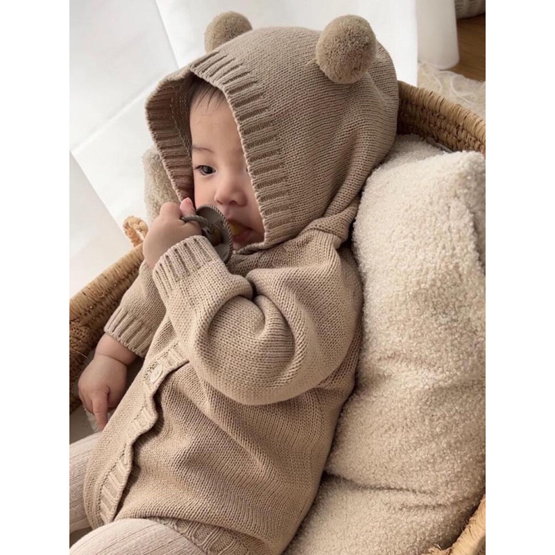 Bộ liền thân bodysuit len mũ cục bông siêu dễ thương cho bé trai bé gái_Hàng QCCC