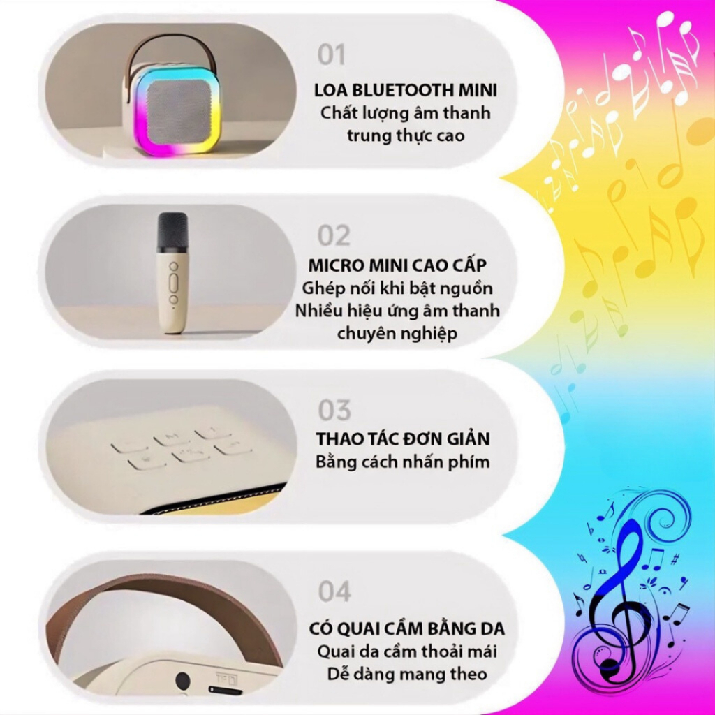 Loa bluetooth karaoke mini bass mạnh kèm 2 mic hát không dây nghe nhạc công suất lớn có đèn Led - Gutek K12