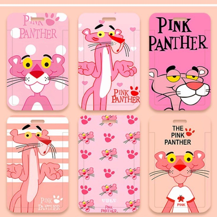 Ví Đựng Thẻ và thẻ bảng tên họa tiết chú báo hồng Pink Panther dễ thương, Dây đeo thẻ ID học sinh sinh viên