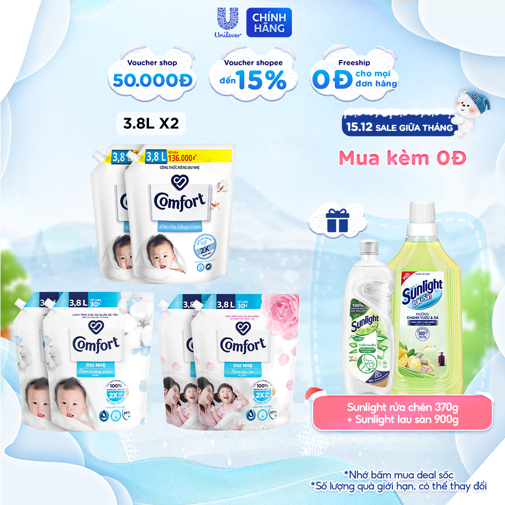 Combo 2 Túi Nước Xả Vải Comfort Dịu Nhẹ 3.8L/túi
