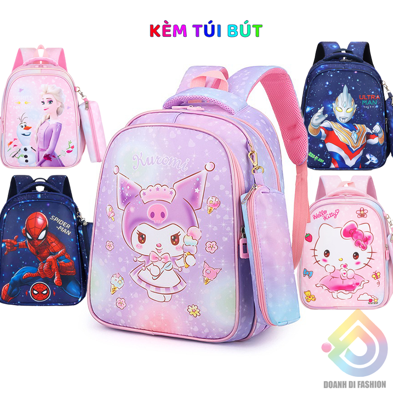 Ba Lô Kèm Túi Đựng Bút, BaLô 2 Ngăn Nam Nữ, Cặp Mẫu Giáo Học Sinh, Pa Lo Kuromi, Kitty, Elsa, Spiderman, Ultraman