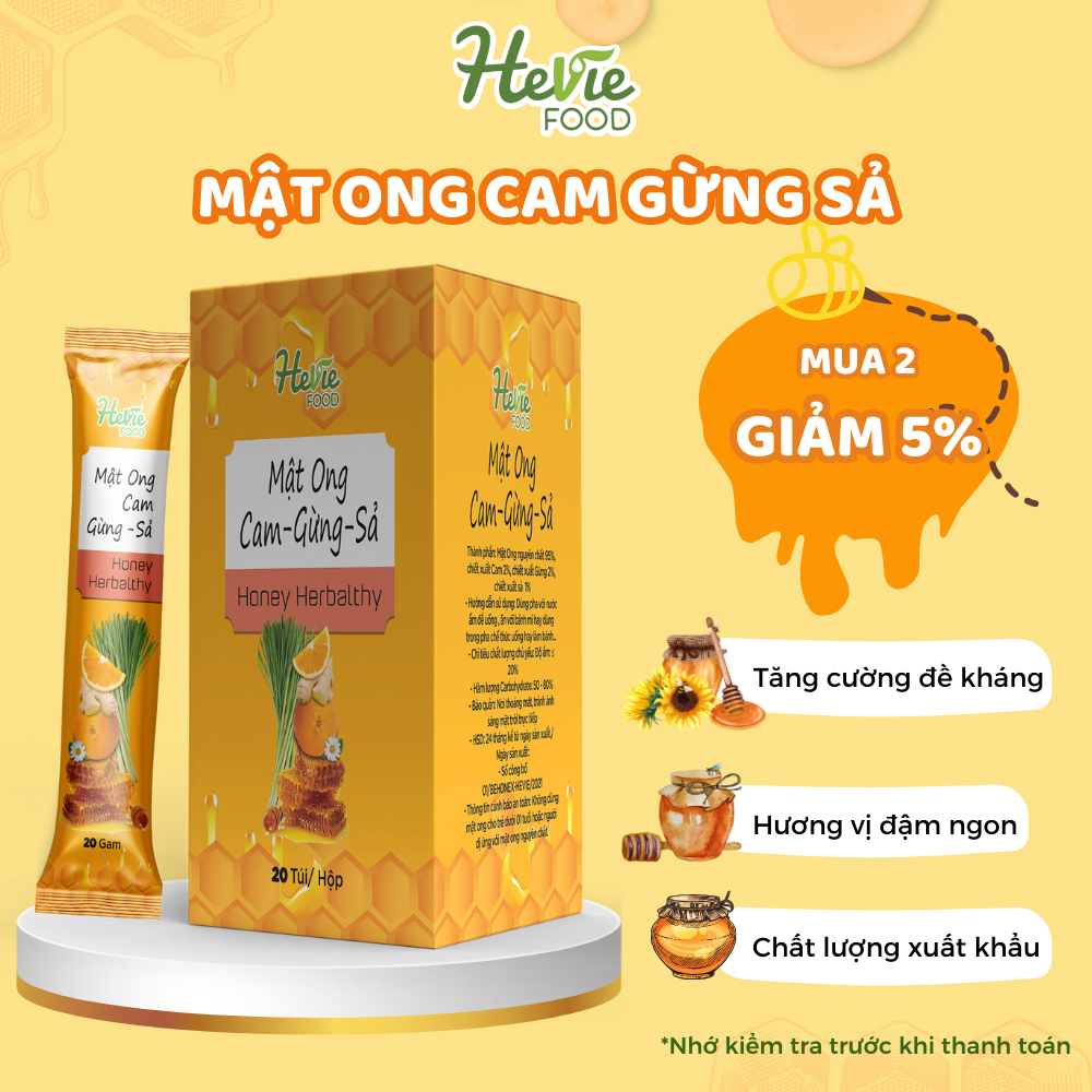 [Date 10/8/2024] Mật Ong Cam Gừng Sả herbalthy dưỡng da đẹp dáng 20 túi x 20gr Heviefood