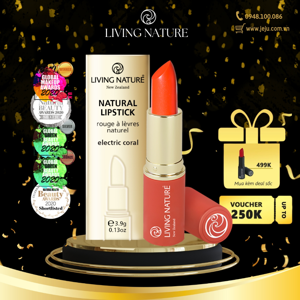 Son Môi Organic Màu Đỏ Cam Living Nature Lipstick Electric Coral 15