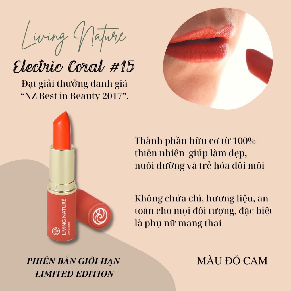 Son Môi Organic Màu Đỏ Cam Living Nature Lipstick Electric Coral 15