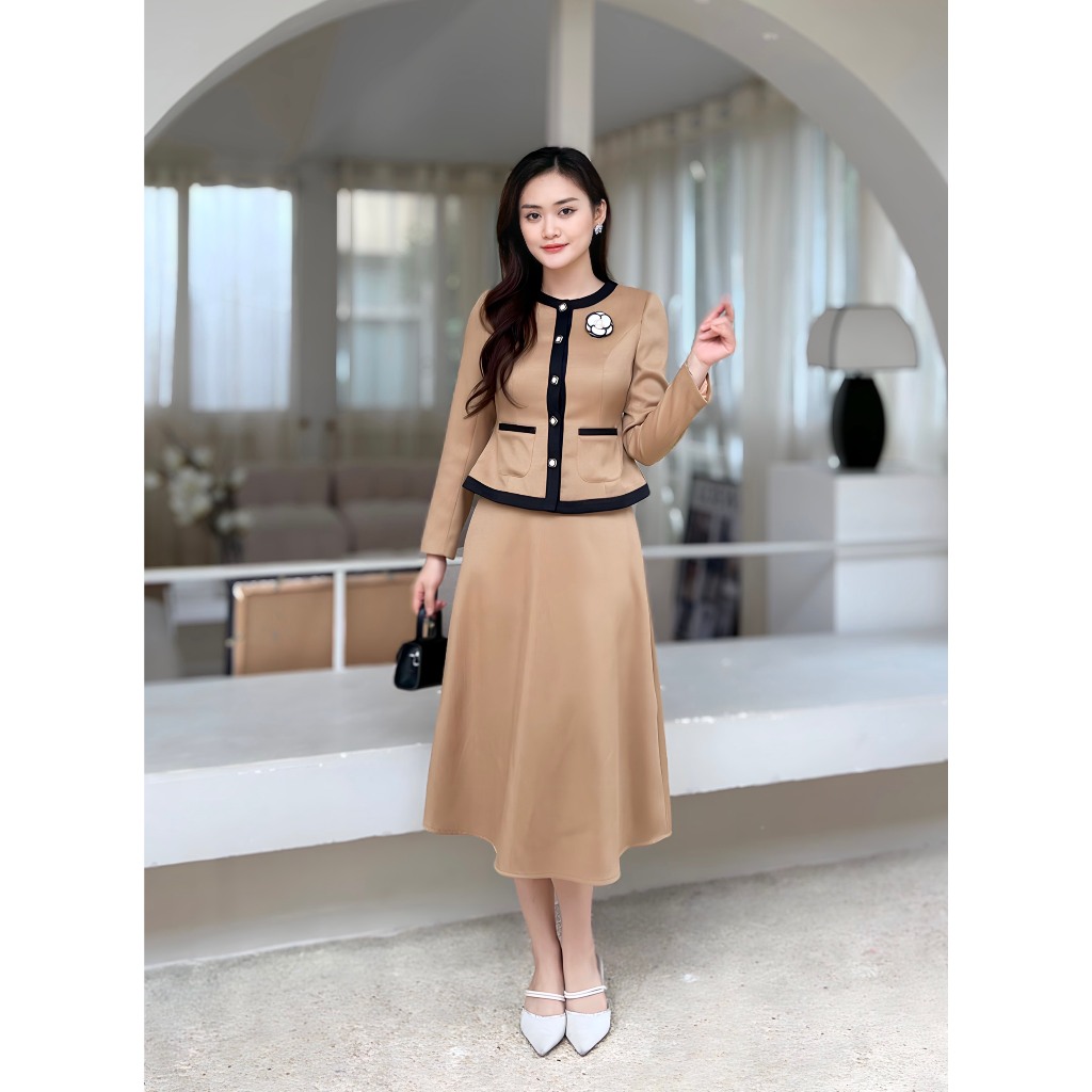 Set váy công sở, Váy dự tiệc thiết kế nữ sang trọng phối nơ hoa cao cấp. Emvy Fashion S124