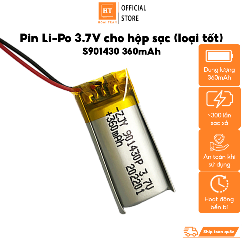 Pin Li-Po 3.7V 901430 360mAh cho hộp sạc tai nghe Bluetooth AP Pro Hổ Vằn 1562F, 1562A, 1562AE có thể sạc lại được