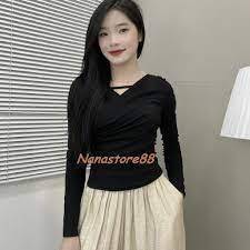 Áo thun dài tay vạt chéo dây ngực trước bigsize misoul, áo dài tay vạt chéo xếp ly dây ngang bigsize 223