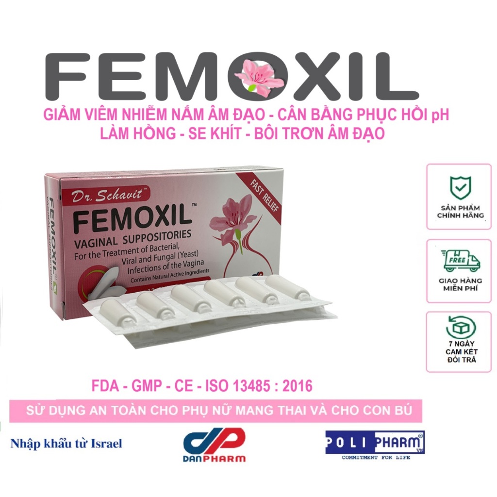 Chính hãng FEMOXIL viên nấm âm đạo, se khít, bôi trơn âm đạonhập khẩu Danpharm Israel, hộp 12 viên - Polipharm