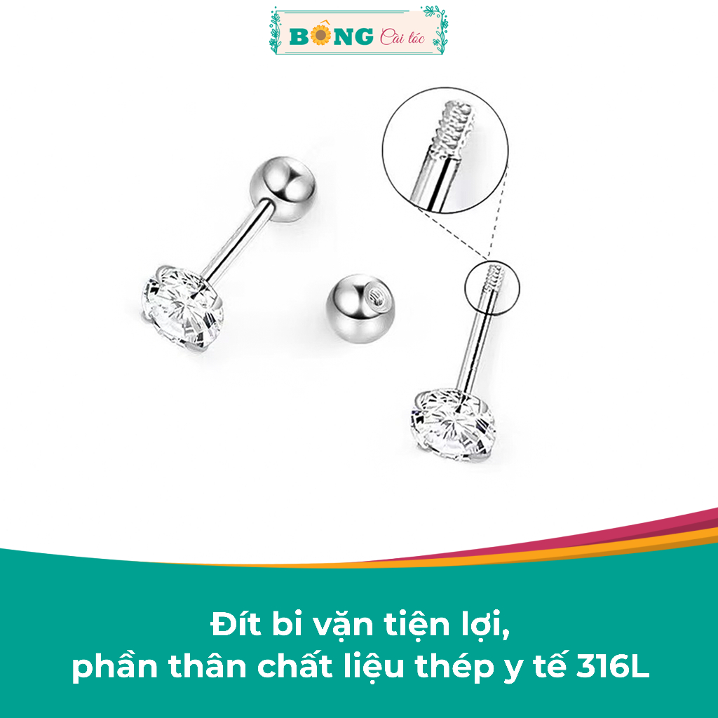 Bông tai unisex nụ đá Zircon thép y tế 316L không gỉ chốt bi vặn phong cách Hàn Quốc BT90 - khuyên tai BÔNG Cài Tóc
