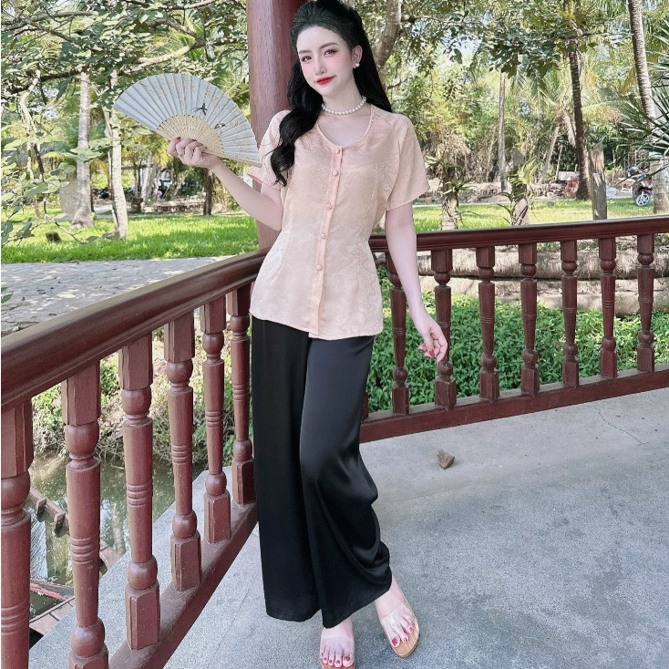 Đồ Lam Đi Chùa Nữ SOJUN Bà Ba Tay Ngắn Gấm Size Dưới 65kg