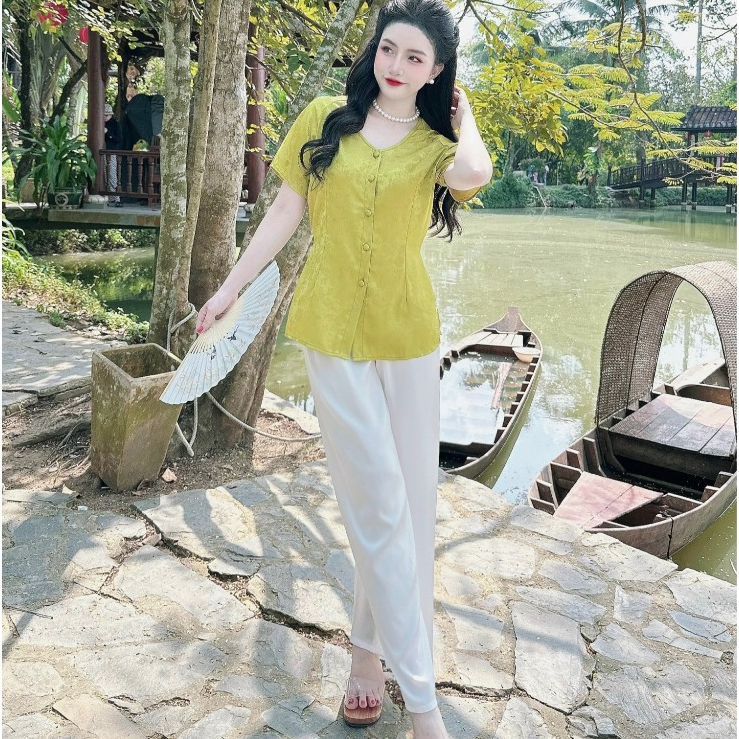 Đồ Lam Đi Chùa Nữ SOJUN Bà Ba Tay Ngắn Gấm Size Dưới 65kg