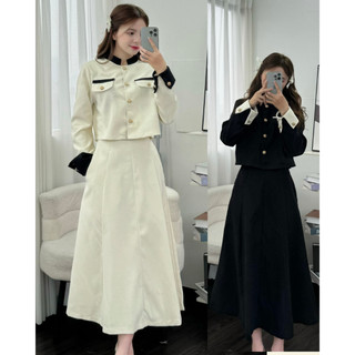 Sét áo cổ tàu túi nắp tay gập kèm chân váy dài chun sau Maia Setda700 P8K6