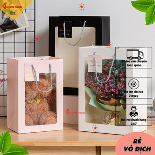Túi Giấy Trắng/Hồng Có Cửa Sổ Trong Suốt Đựng Hoa, Gấu, Quà Hàng Loại Dày Dặn