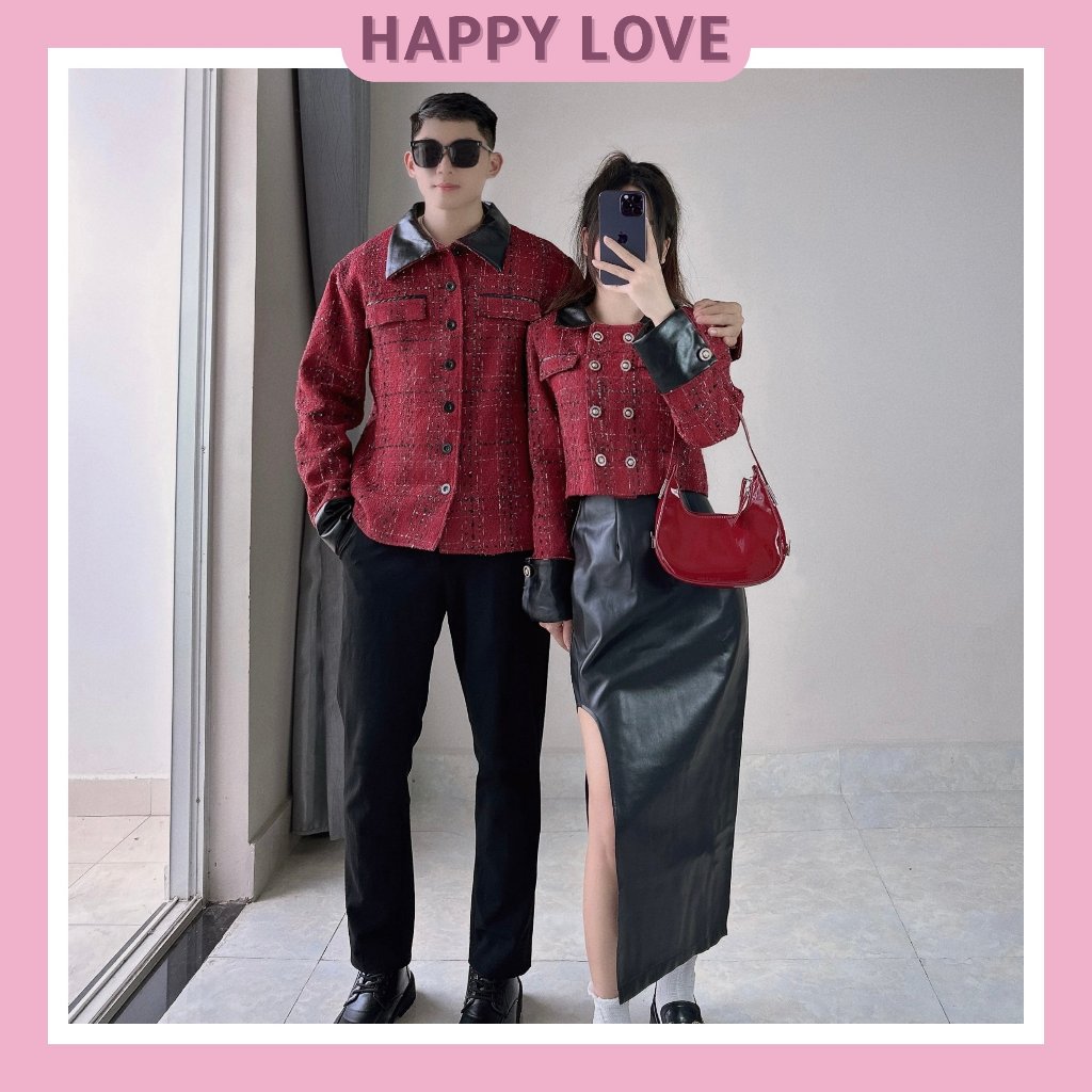 Đồ đôi áo khoác dạ nam nữ dáng croptop màu đỏ mặc Tết Noel giáng sinh sang trọng mix chân váy da dán