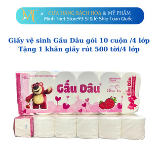 Giấy vệ sinh gấu dâu gói 10 cuộn /4 lớp - tặng 1 khăn giấy rút 500 tời/4 lớp