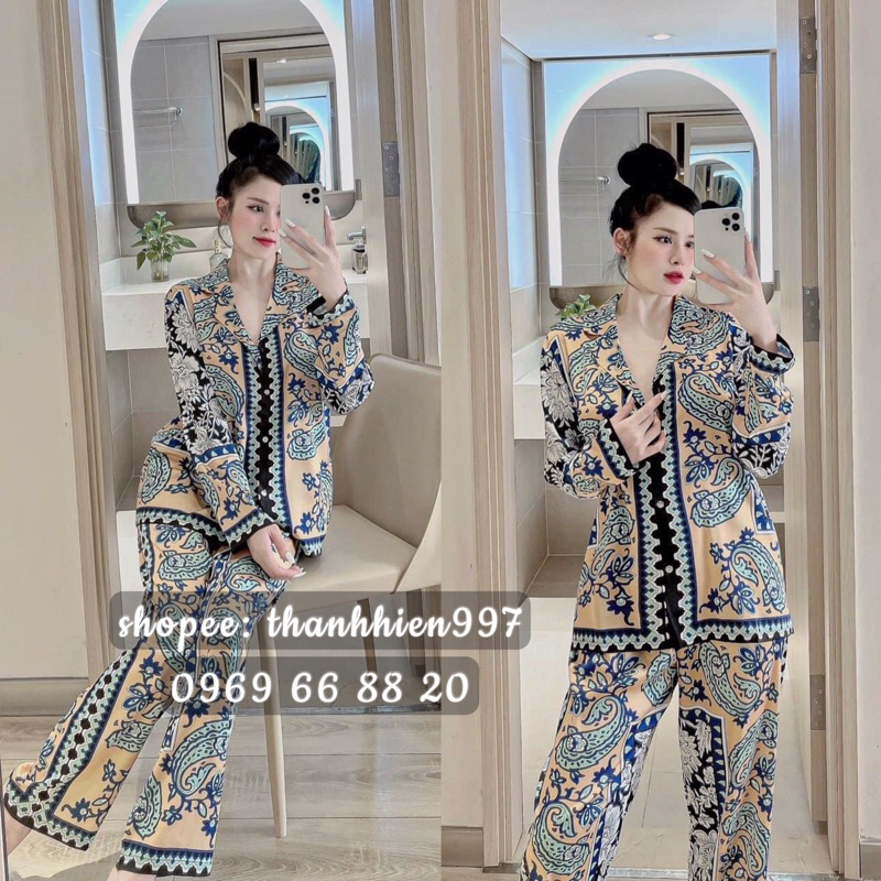 ❤️Hàng QC❤️Pijama tay dài QD thổ Cẩm xanh vàng Mcq_Thanhien997_lụa satin cao cấp, Form xuông 11089.