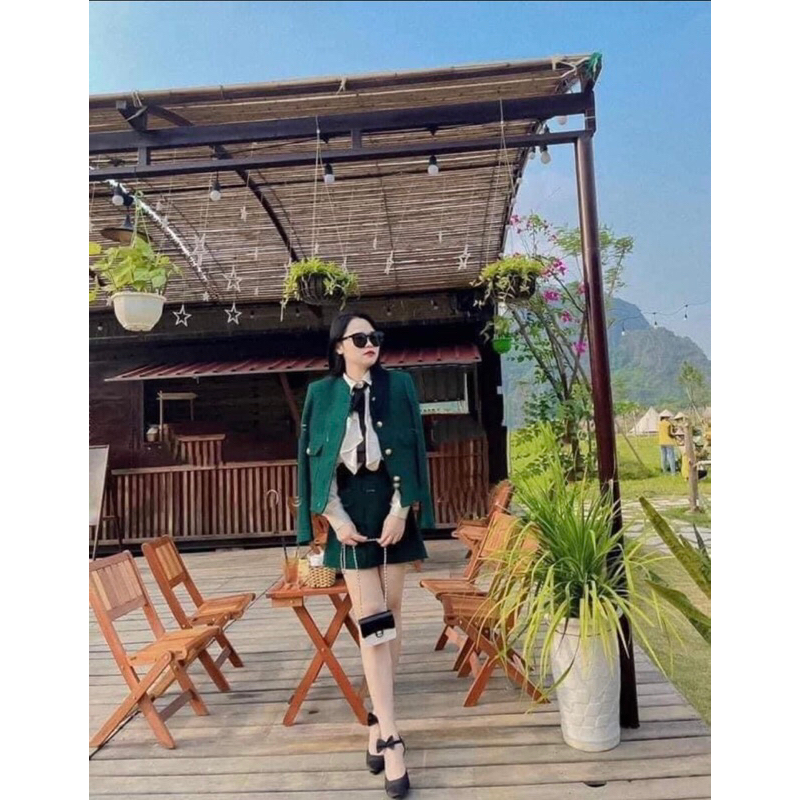 áo dạ tweed dáng ngắn xanh lá đậm new tag