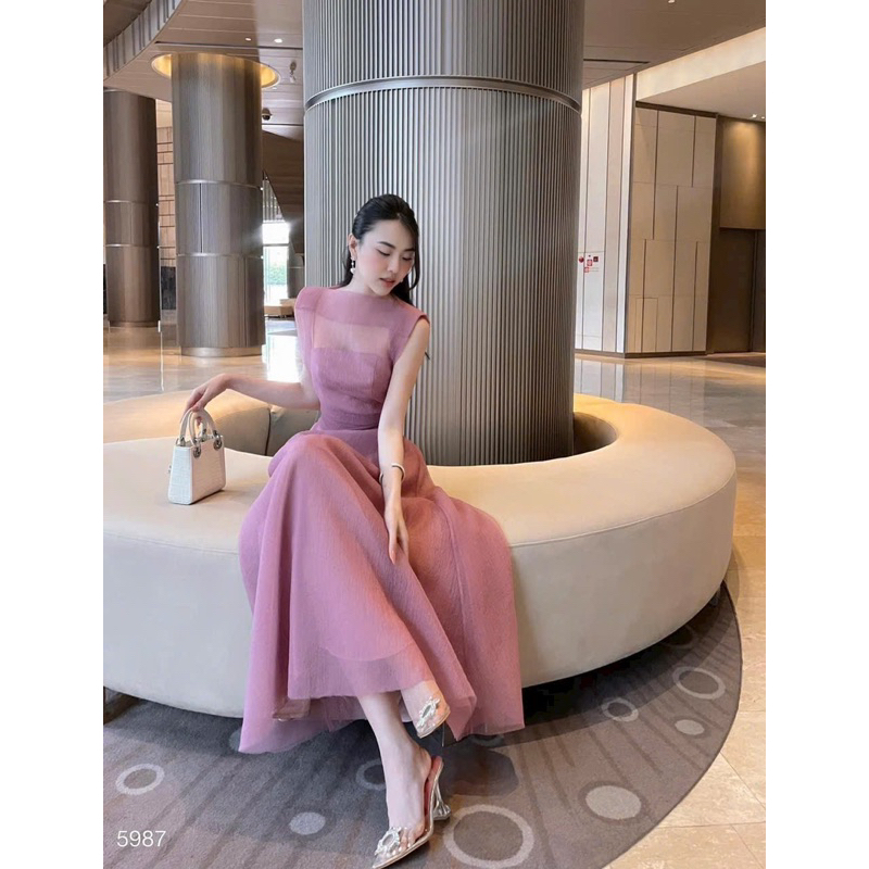 Set Đầm Midi Voan Xốp Thắt Eo Hèo Chinh Chắn
