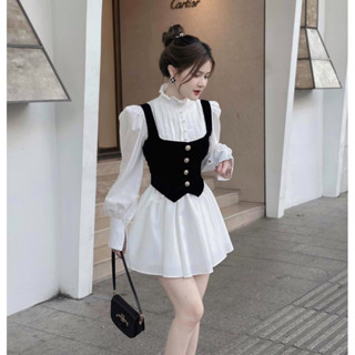    Kèm Ảnh Thật L1   Set Áo Gile Kèm Đầm Sơ Mi Trắng Xoè Tay Dài Cổ Cao Bèo Xếp Li Ngực Đính Cúc Đá Sang Chảnh Màu Đỏ Đen 