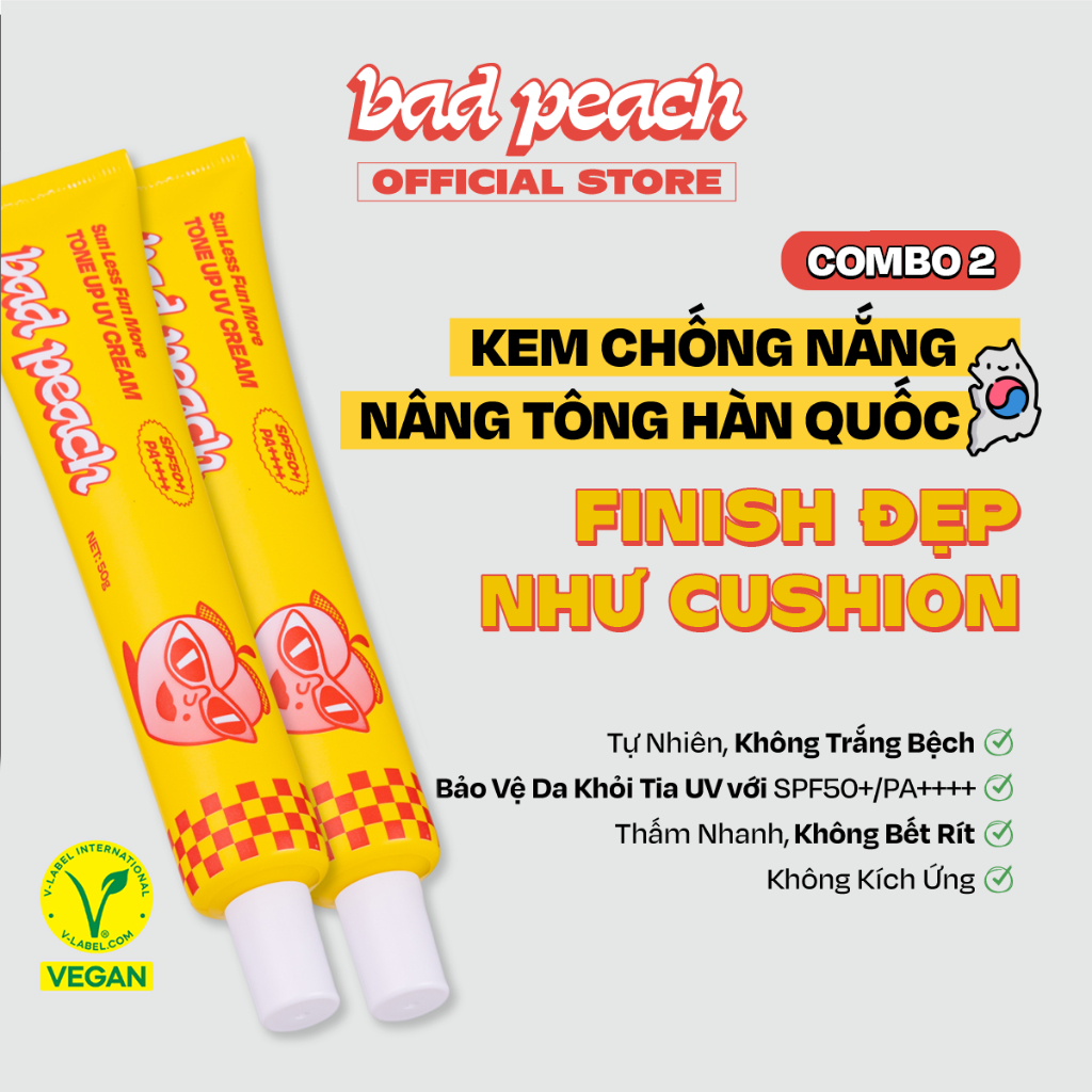 Combo 2 Kem Chống Nắng Nâng Tông BAD PEACH Sun Less Fun More Tone Up UV Cream SPF50+/PA++++ 50g