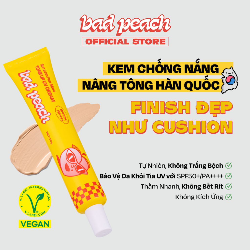 Kem Chống Nắng 3IN1 BAD PEACH Nâng Tone Dưỡng Trắng Thay Thế Kem Lót Sun Less Fun More ToneUp UV Cream SPF50+/PA++++ 50g