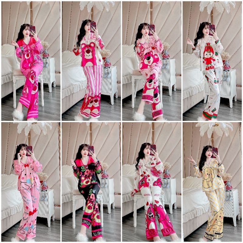 Đồ ngủ Pijama tiểu thư cổ V tay dài thiết kế in 5d nhiều mẫu, chất lụa xước ánh kim mềm, mịn, mát