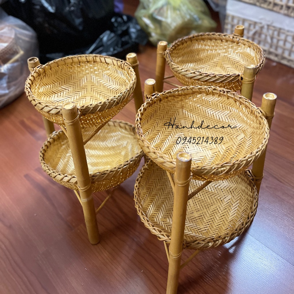 (Xưởng sx) Kệ tre 2 tầng đan kĩ đẹp, rổ tre đựng hành tỏi , kệ đựng đồ tiện lợi, trang trí