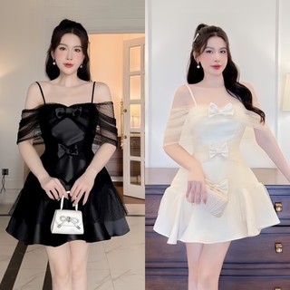 Bigsize hiếu hiếu - đầm thiết kế hai dây trễ vai voan phối nơ tiểu thư