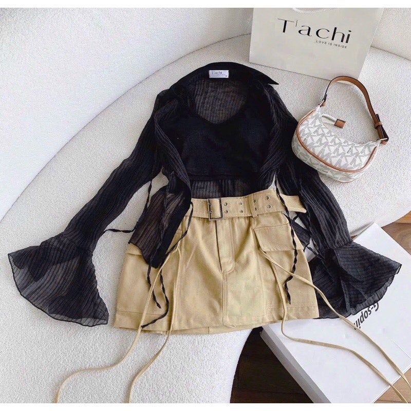 BIGSIZE HIẾU HIẾU  - Set 3 món áo sơ mi tay loe cột nơ + áo 2 dây + chân váy nâu hot