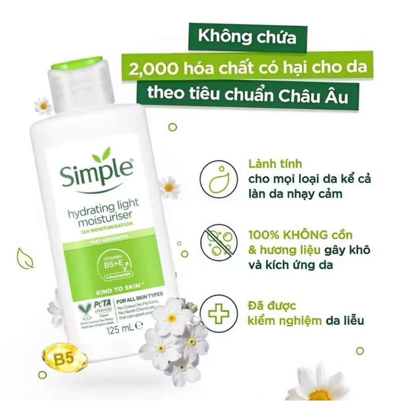 Sữa Dưỡng Da Simple Cho Da Nhạy Cảm Kind To Skin Hydrating Light Moisturiser 125ml