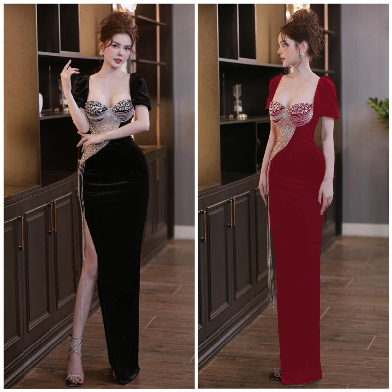 Đầm maxi body dạ hội cổ U tay ngắn phồng kết cườm - size S/M/L