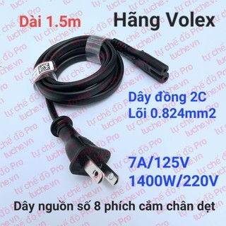 Dây nguồn số 8, 2 chấu tròn c7 dài 1.5m, hãng volex , lõi đồng 0.824mm2