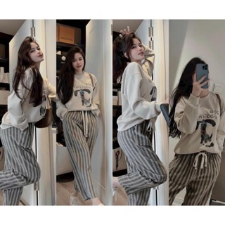 Bộ nỉ nữ thu đông in hình cún, bộ thu đông nữ chất nỉ màu be phối quần kẻ sọc thời trang nữ thu đông freesize dưới 60kg