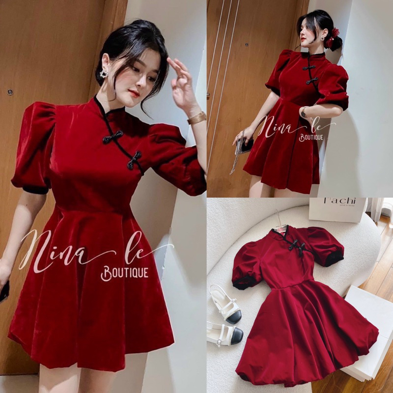 VÁY NHUNG ĐỎ CỔ TÀU TAY BỒNG XOÈ [kèm ảnh sàn chụp thật]
