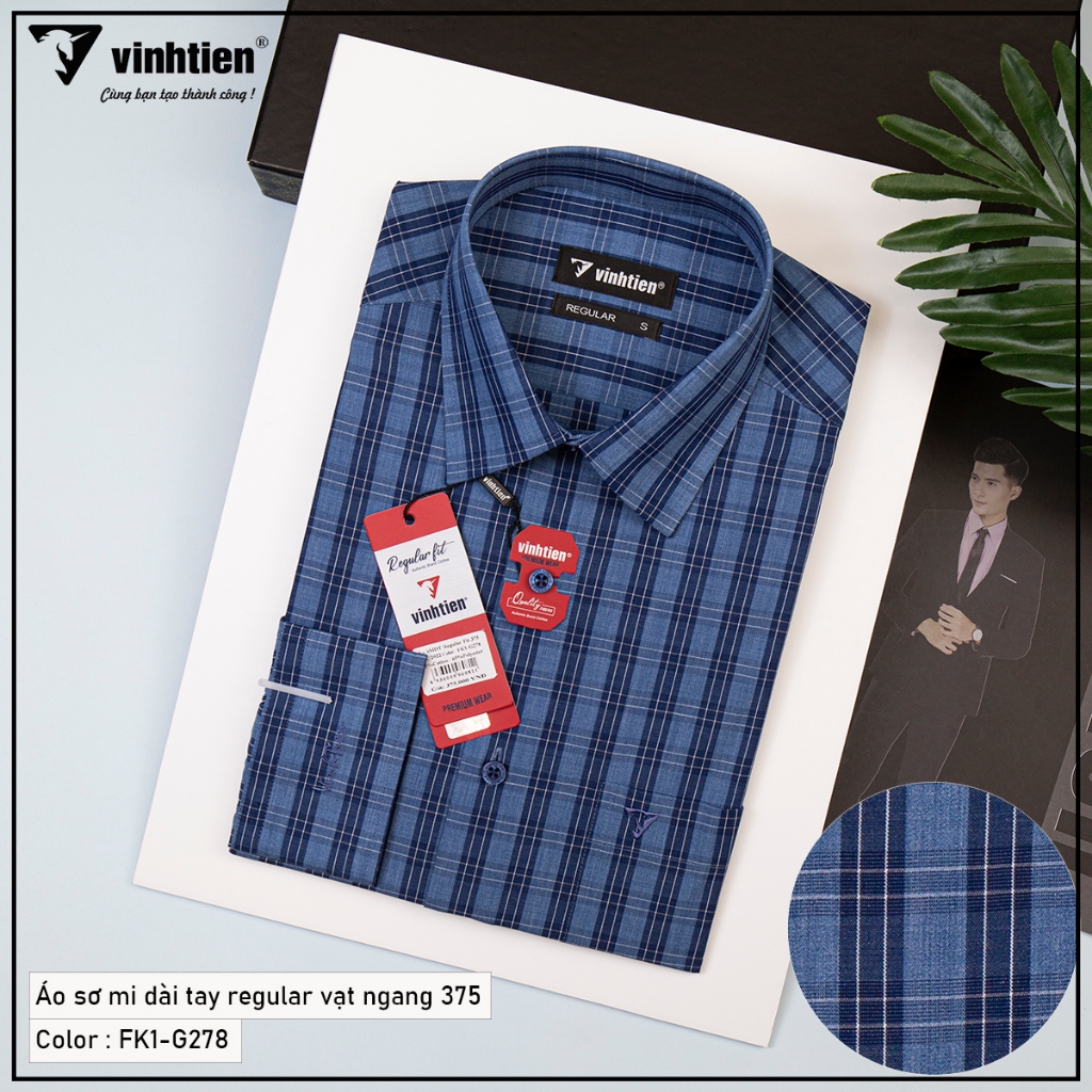 Áo Sơ Mi Vĩnh Tiến Dài Tay Sọc Caro Form Regular Vạt Ngang Cotton 375 - Mẫu 1
