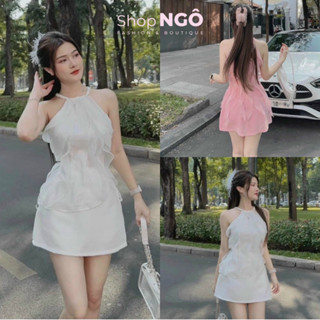 Set váy nữ ,set váy voan cổ yếm phối bèo gợn sóng mix chân váy chữ A sang chảnh bánh bèo tôn dáng chất siêu đẹp