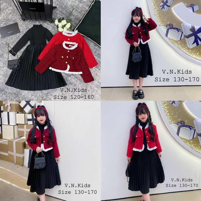 Set váy maxi + áo khoác dạ nhung size đại 19kg-45kg